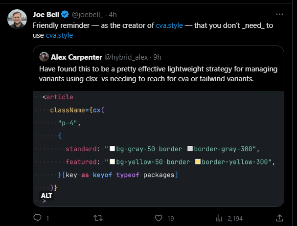 Tweet with description: "Have found this to be a pretty effective lightweight strategy for managing variants using clsx vs needing to reach for cva or tailwind variants: code snippet showing classes being applied to an element based on keys from packages."